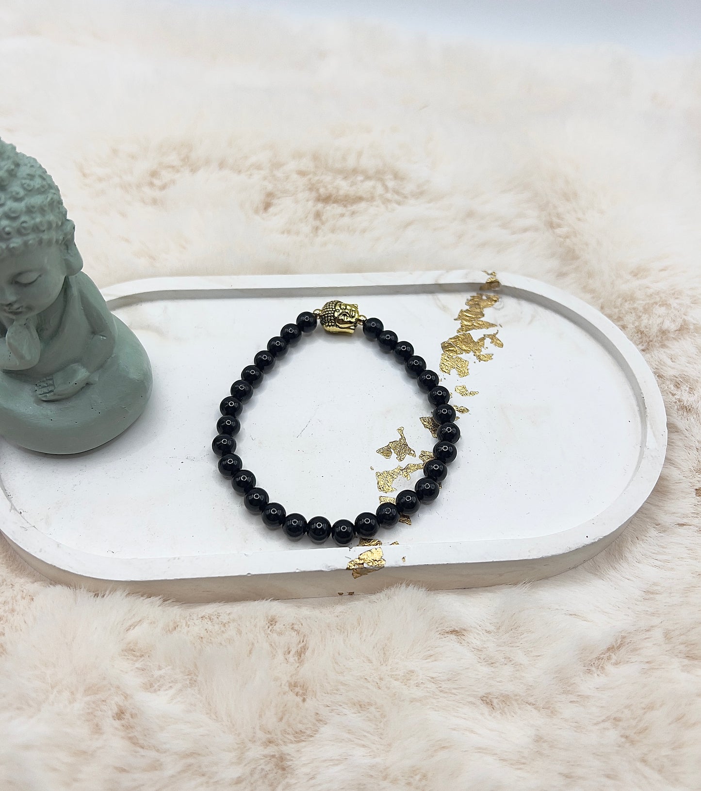 Edelsteinarmband Schwarzer Turmalin | 6 mm rund | Buddha | Edelstahl vergoldet