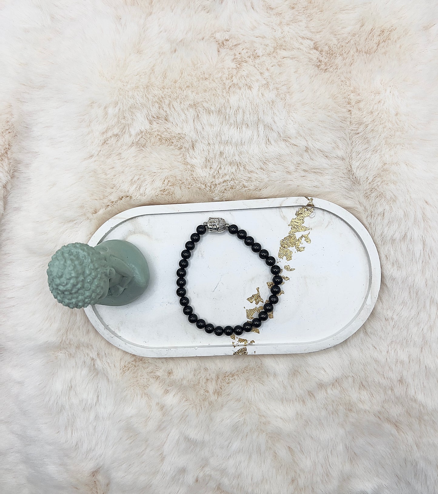 Edelsteinarmband Schwarzer Turmalin | 6 mm rund | Buddha | Edelstahl Silber