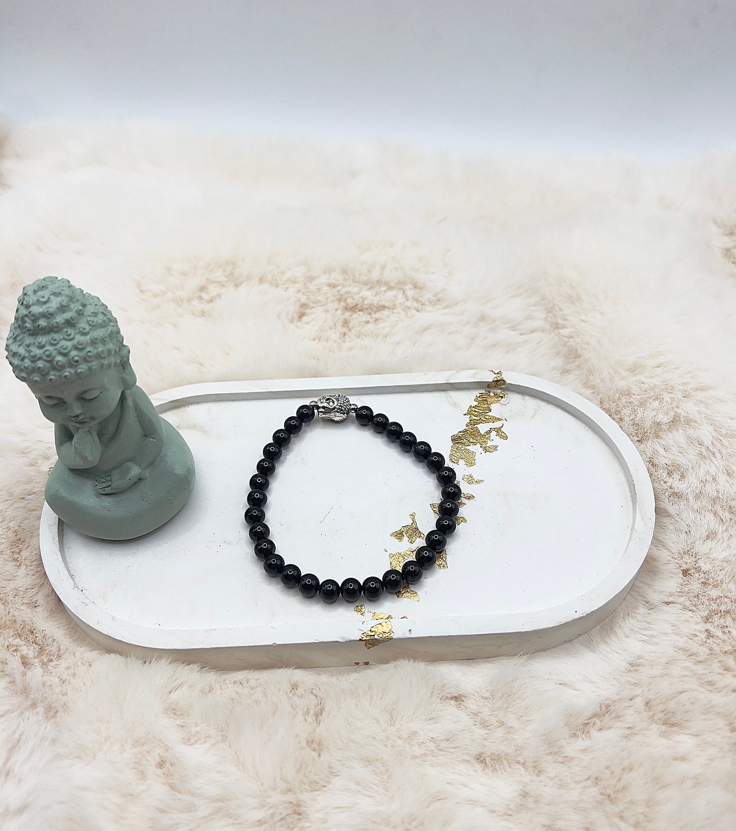Edelsteinarmband Schwarzer Turmalin | 6 mm rund | Buddha | Edelstahl Silber