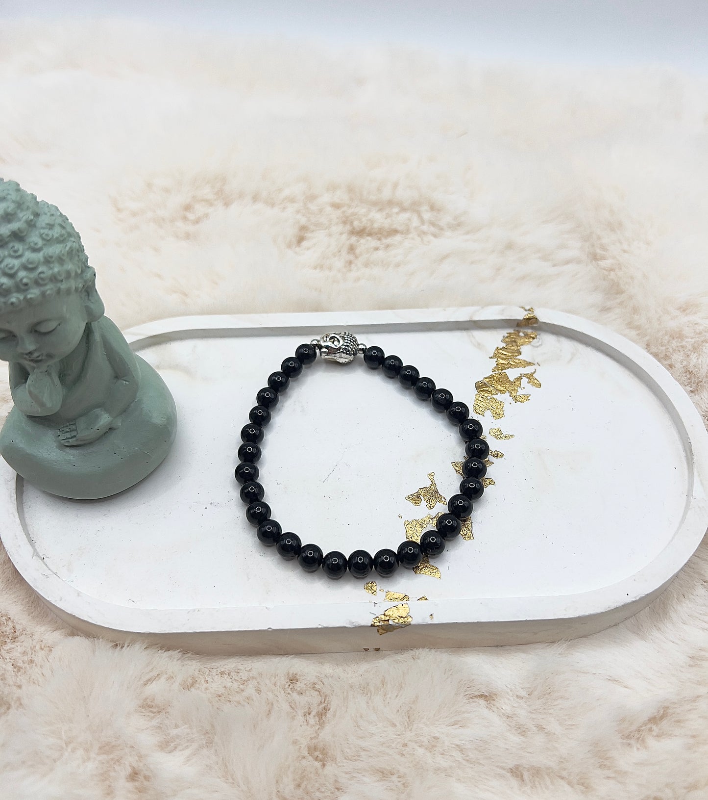 Edelsteinarmband Schwarzer Turmalin | 6 mm rund | Buddha | Edelstahl Silber