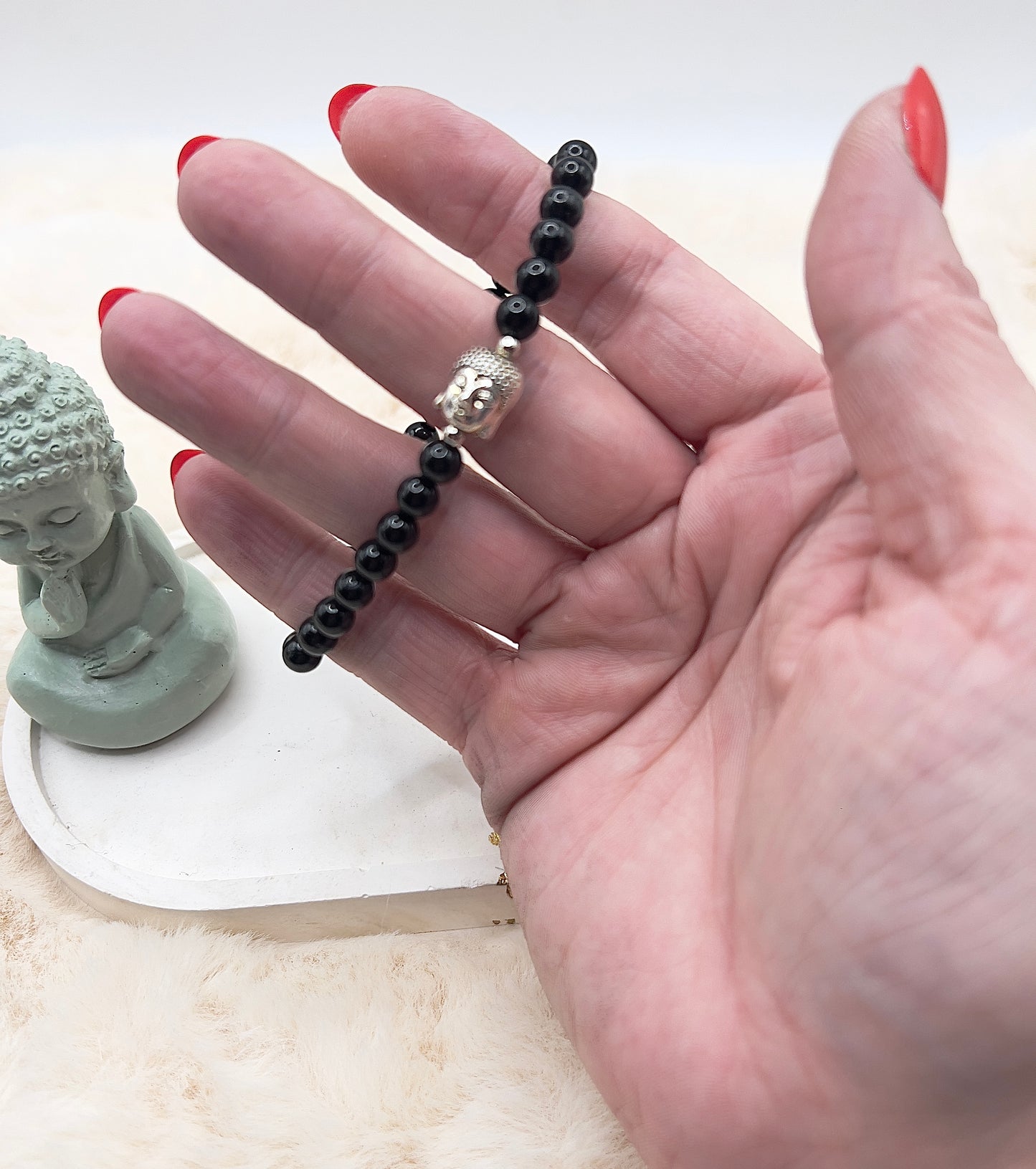 Edelsteinarmband Schwarzer Turmalin | 6 mm rund | Buddha | Edelstahl Silber