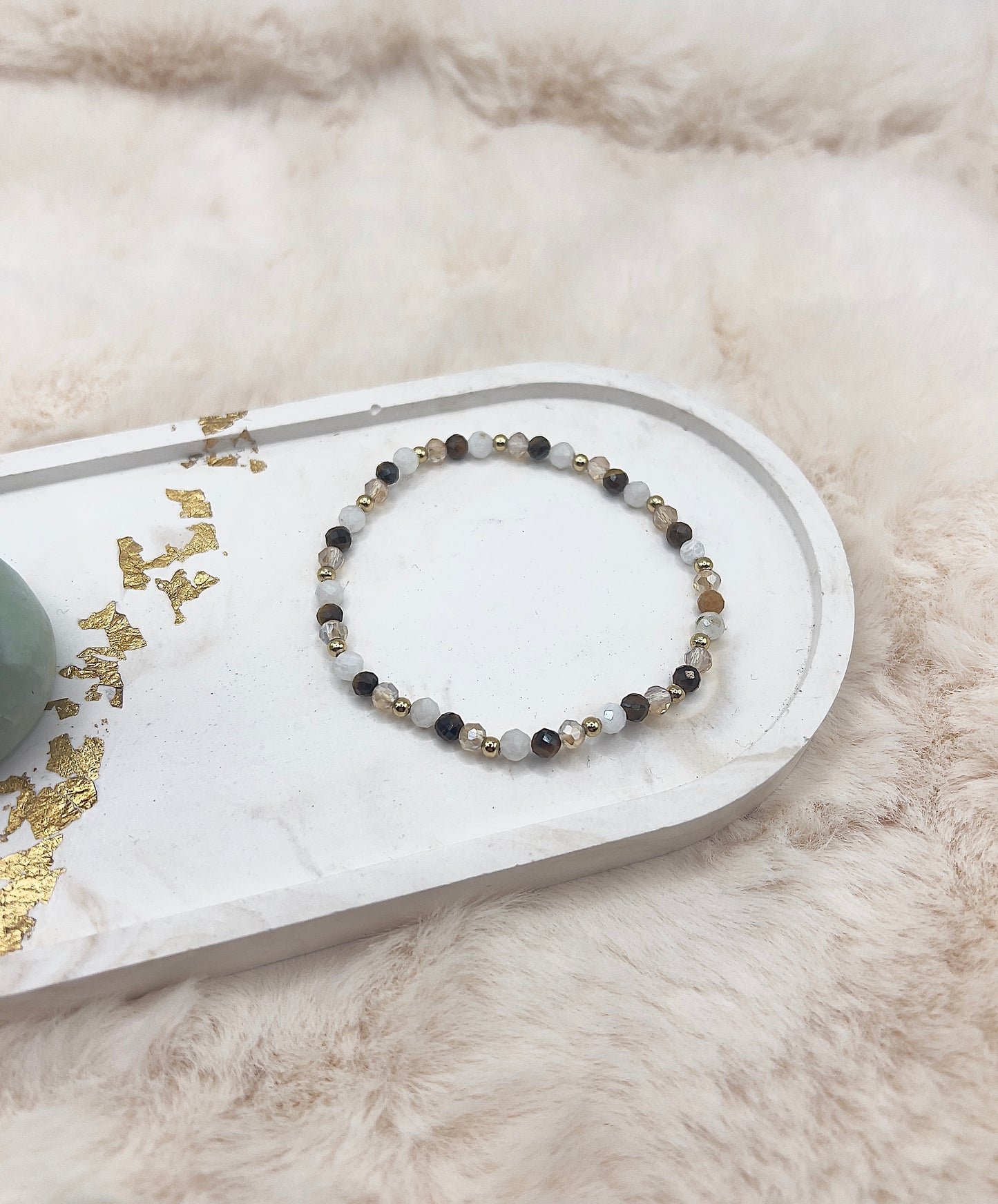Edelsteinarmband Mondstein & Tigerauge facettiert | 4 mm | Edelstahl vergoldet