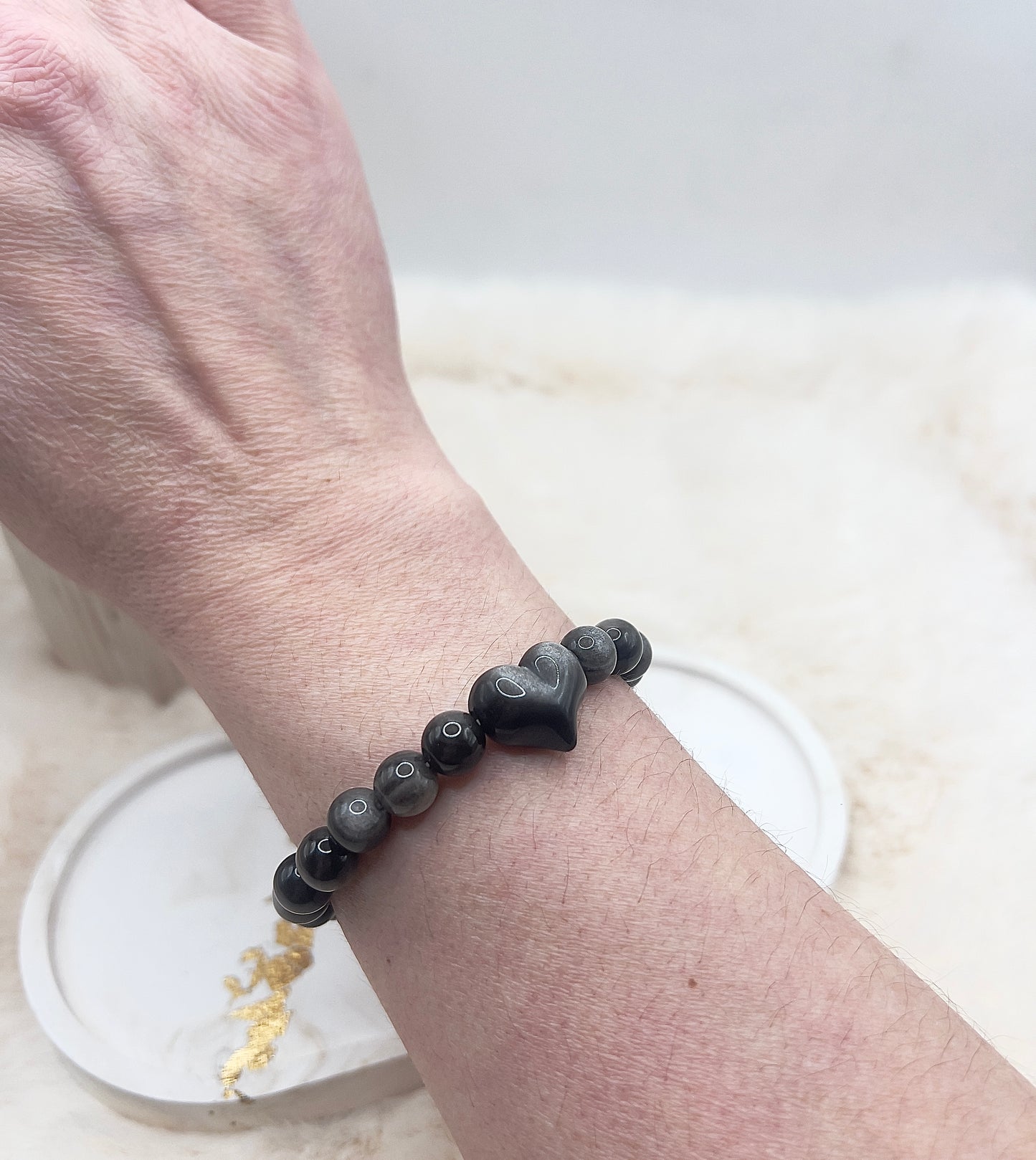 Obsidian Armband mit Herz – Silberner Flash | AAA-Qualität | 8 mm