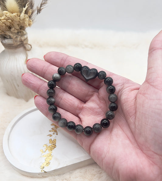 Obsidian Armband mit Herz – Silberner Flash | AAA-Qualität | 8 mm