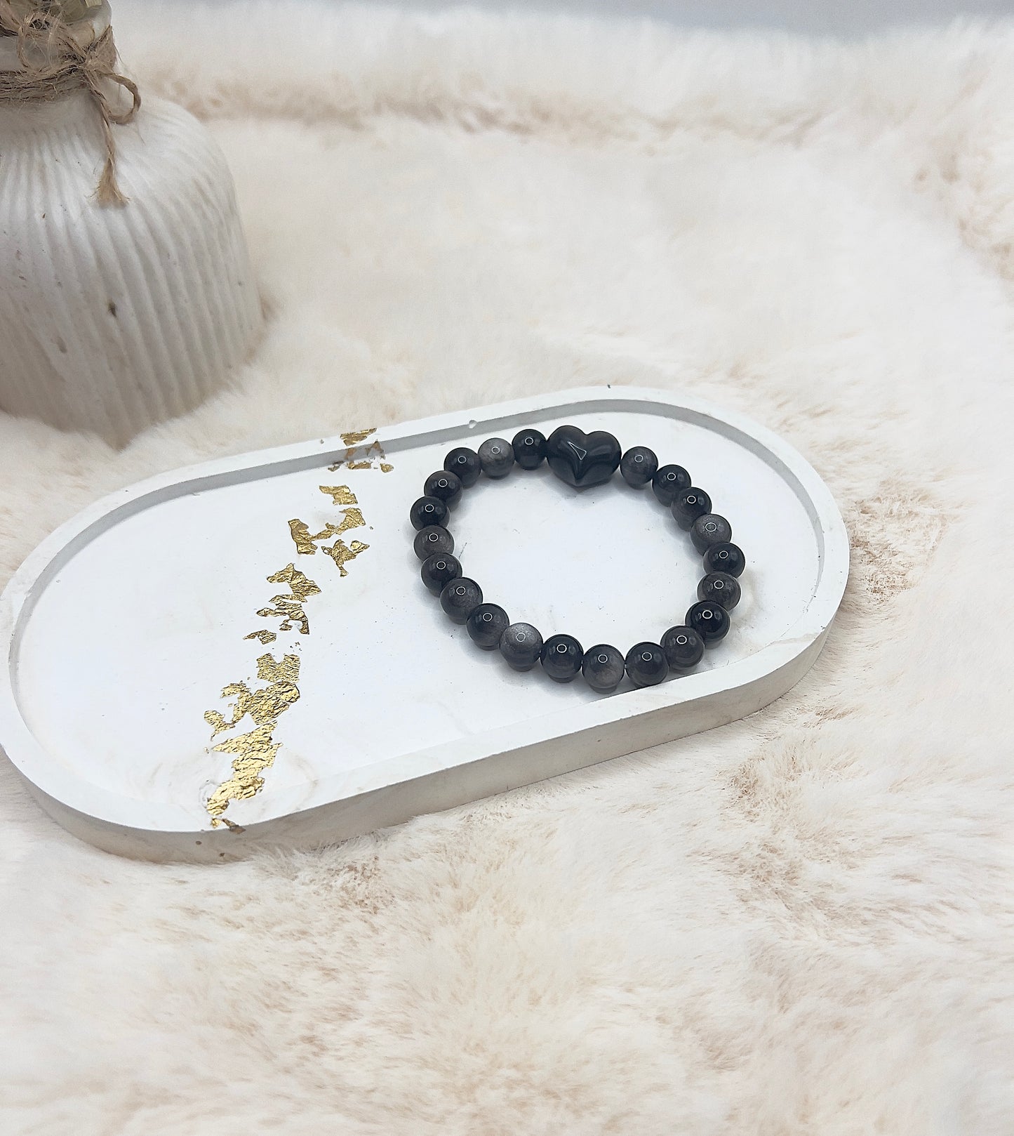 Obsidian Armband mit Herz – Silberner Flash | AAA-Qualität | 8 mm