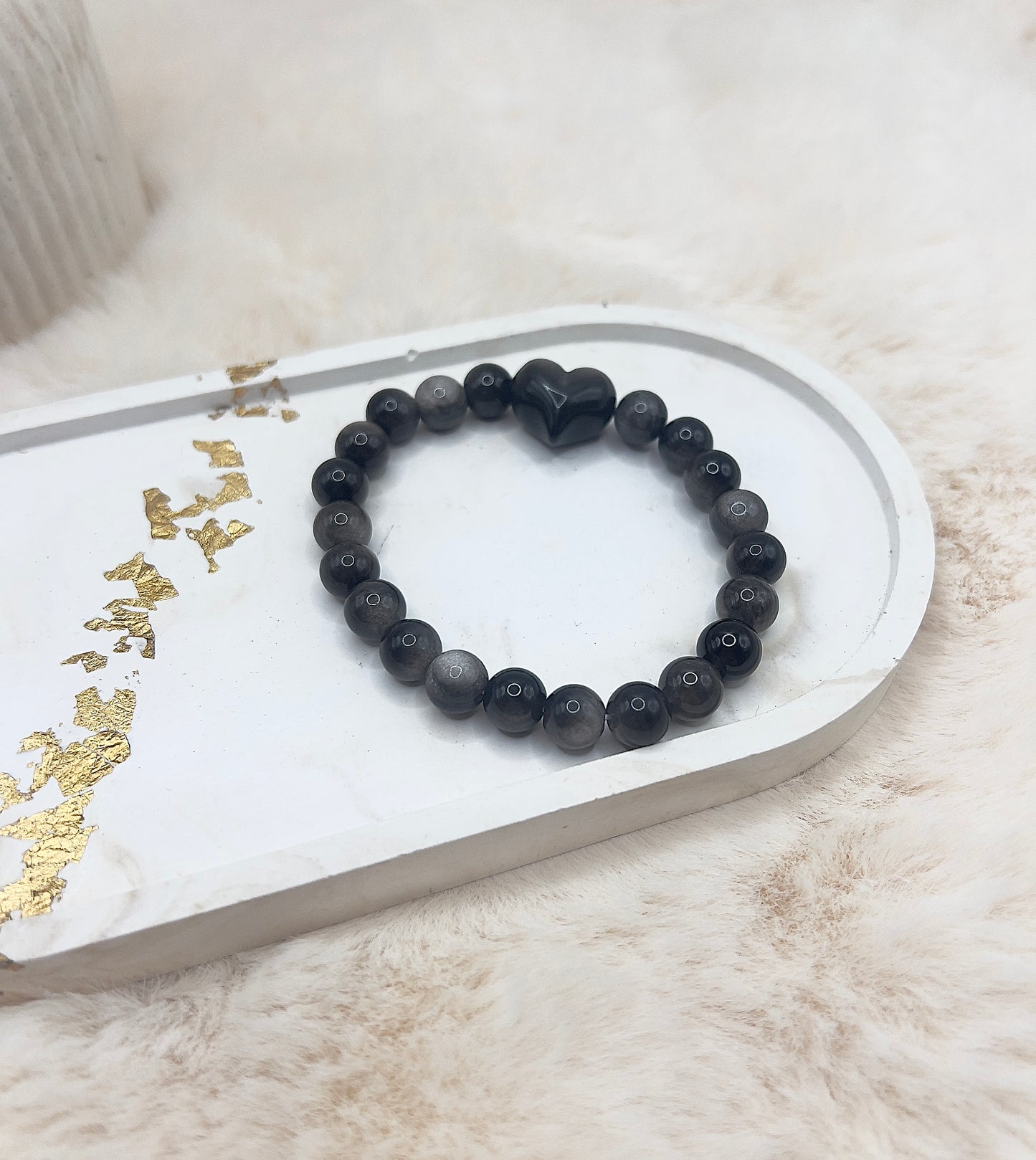 Obsidian Armband mit Herz – Silberner Flash | AAA-Qualität | 8 mm