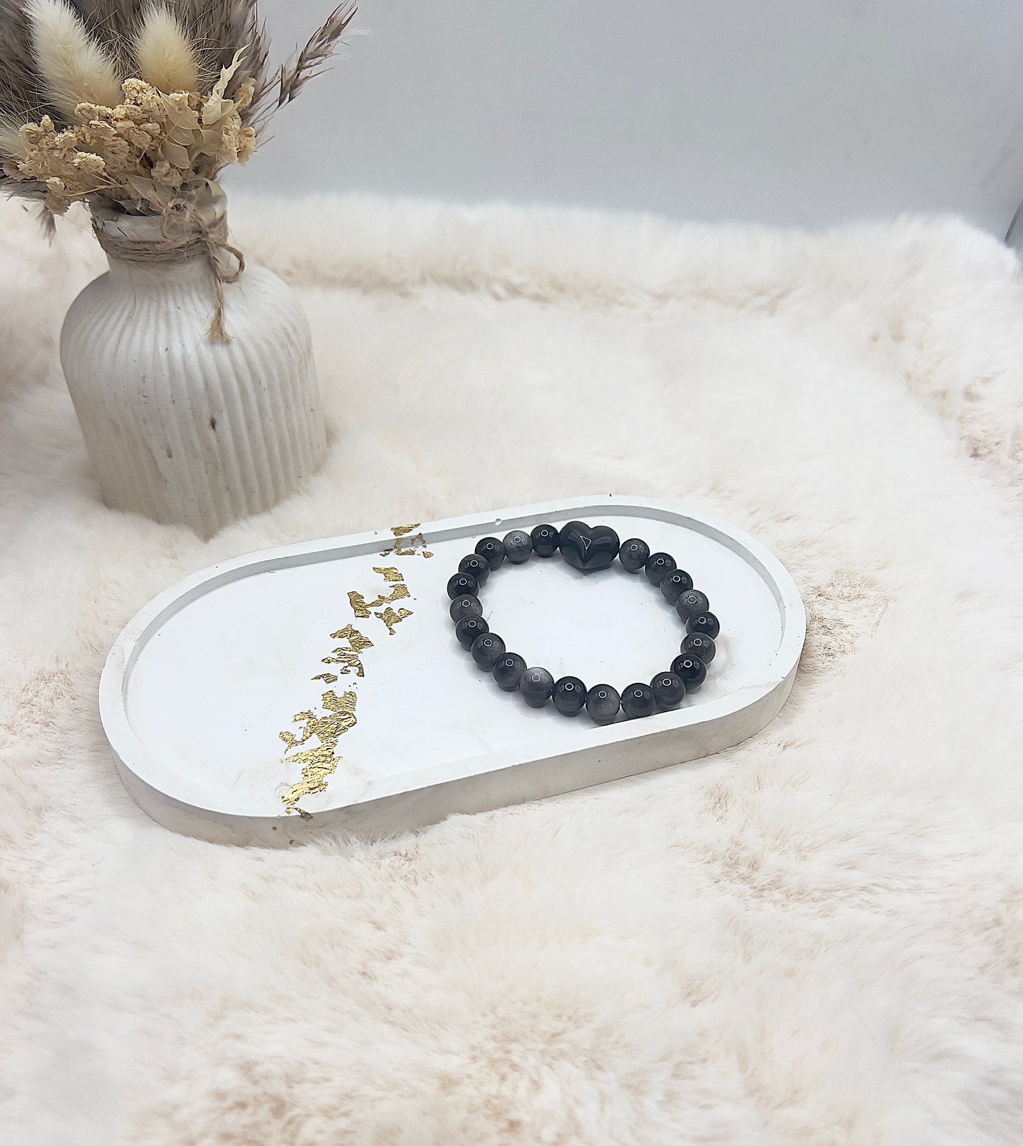 Obsidian Armband mit Herz – Silberner Flash | AAA-Qualität | 8 mm