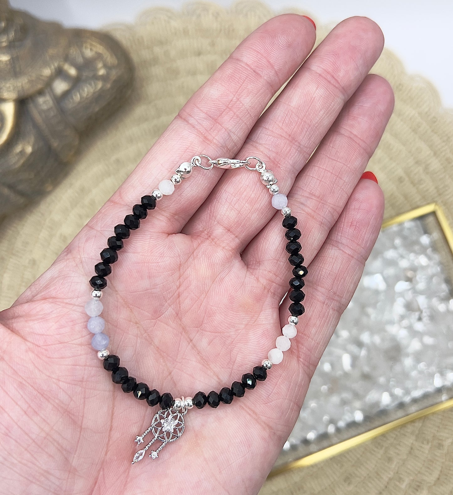 Armband mit Achat, Mondstein & Aquamarin – facettiert 4 mm | Dreamcatcher Anhänger | 925 Silber | handgefertigt