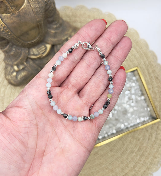 Facettiertes Edelstein-Armband mit Hämatit, Aventurin & Aquamarin – 925 Silber Blüten | 4 mm