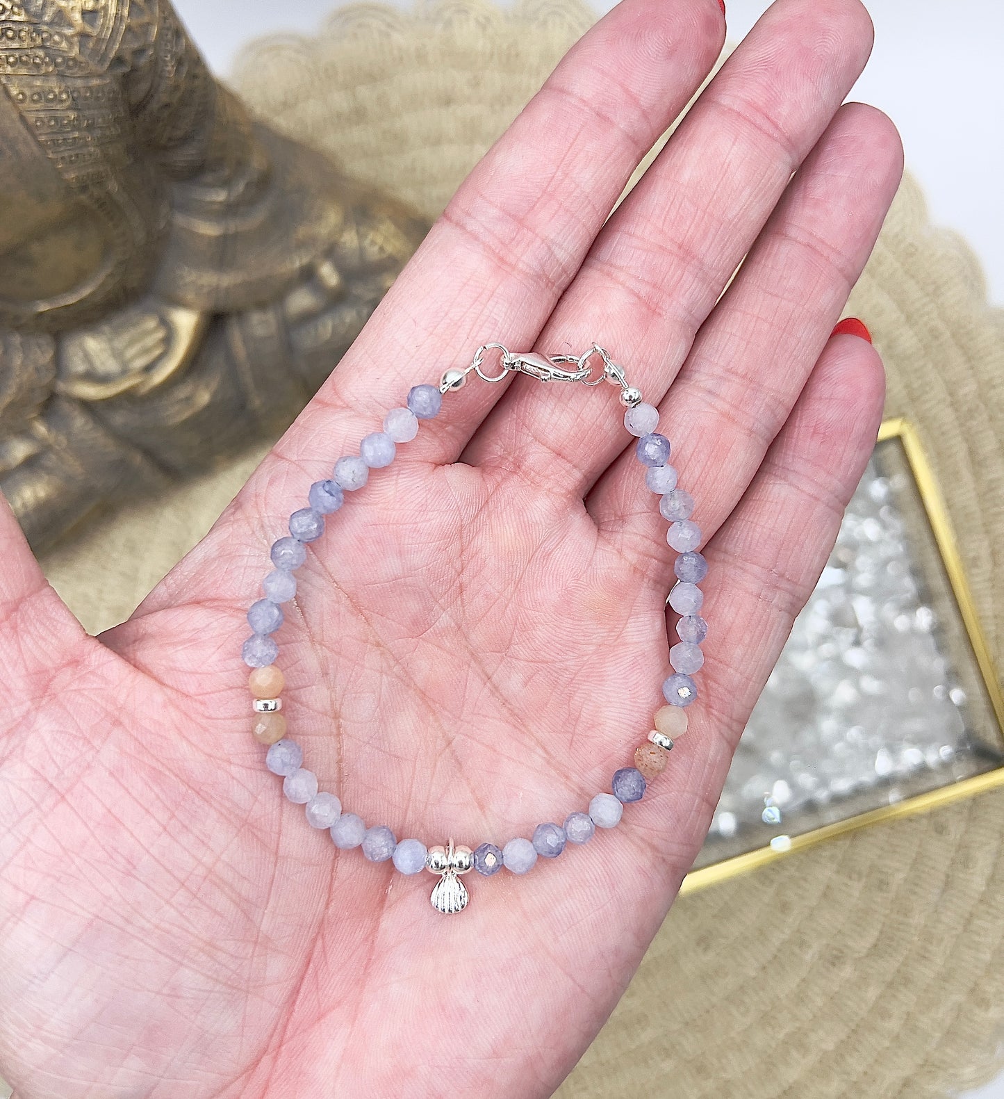 Facettiertes Edelstein Armband 4mm – Aquamarin & Sonnenmondstein mit 925 Silber Muschel