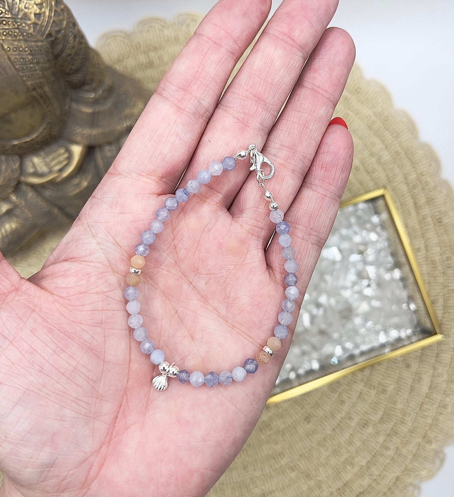 Facettiertes Edelstein Armband 4mm – Aquamarin & Sonnenmondstein mit 925 Silber Muschel