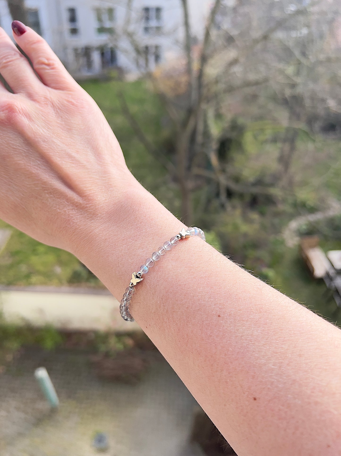 Edelstein Armband 4mm – Labradorit AAA mit 925 Silber & Edelstahl Schmetterlingen