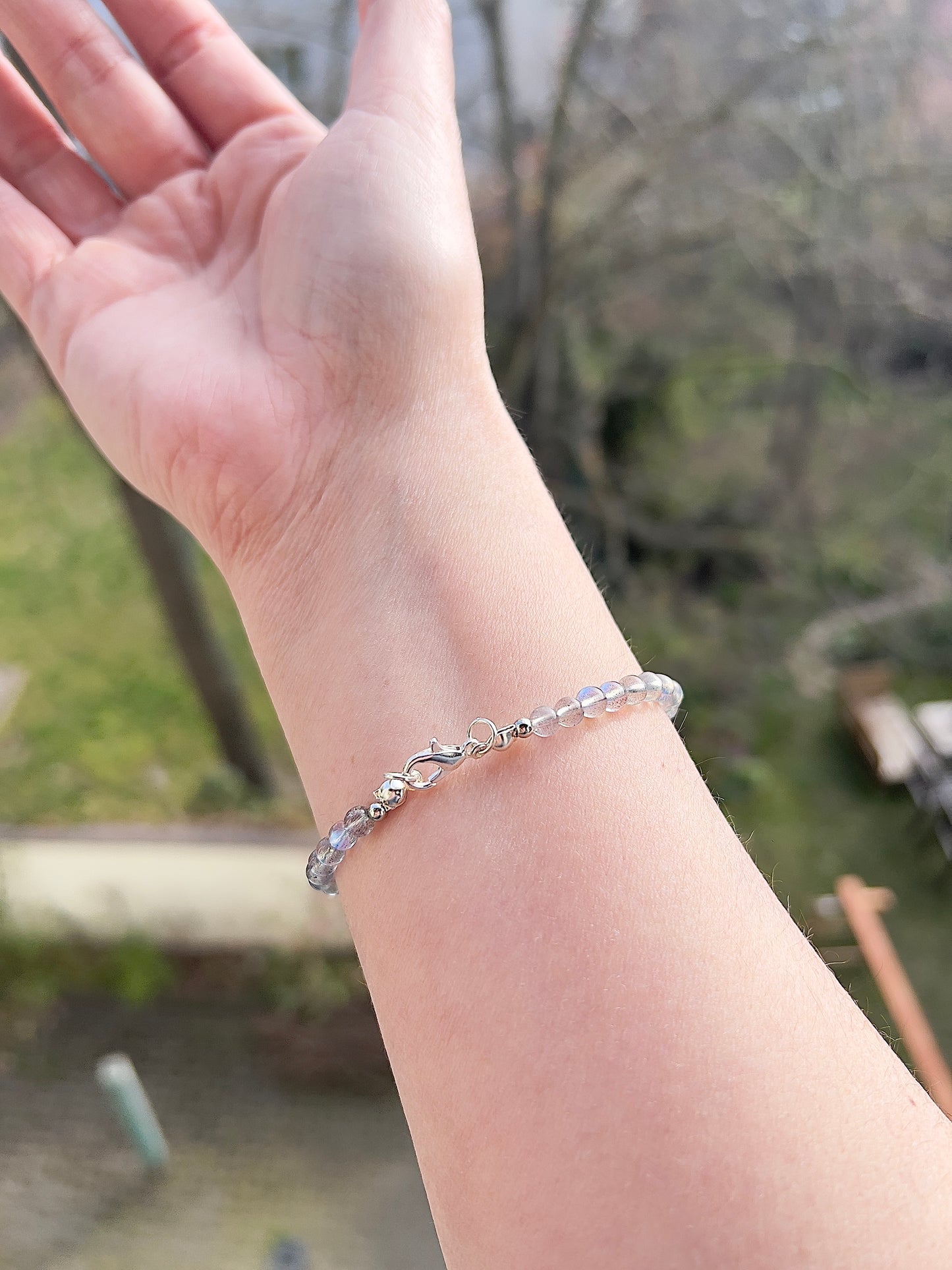 Edelstein Armband 4mm – Labradorit AAA mit 925 Silber & Edelstahl Schmetterlingen