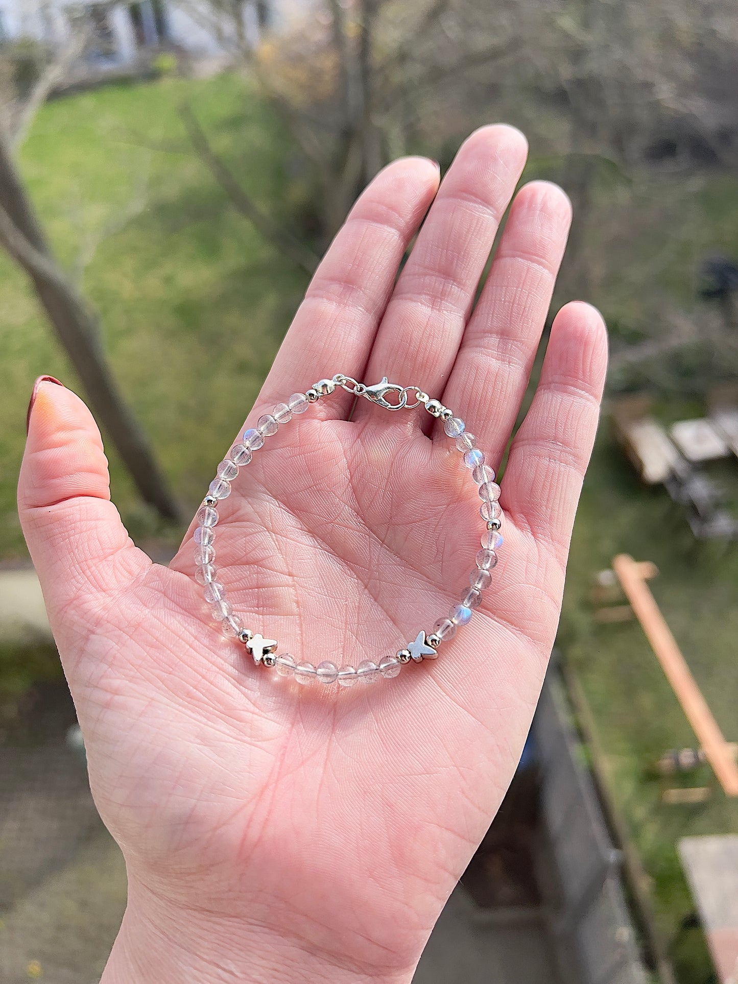 Edelstein Armband 4mm – Labradorit AAA mit 925 Silber & Edelstahl Schmetterlingen