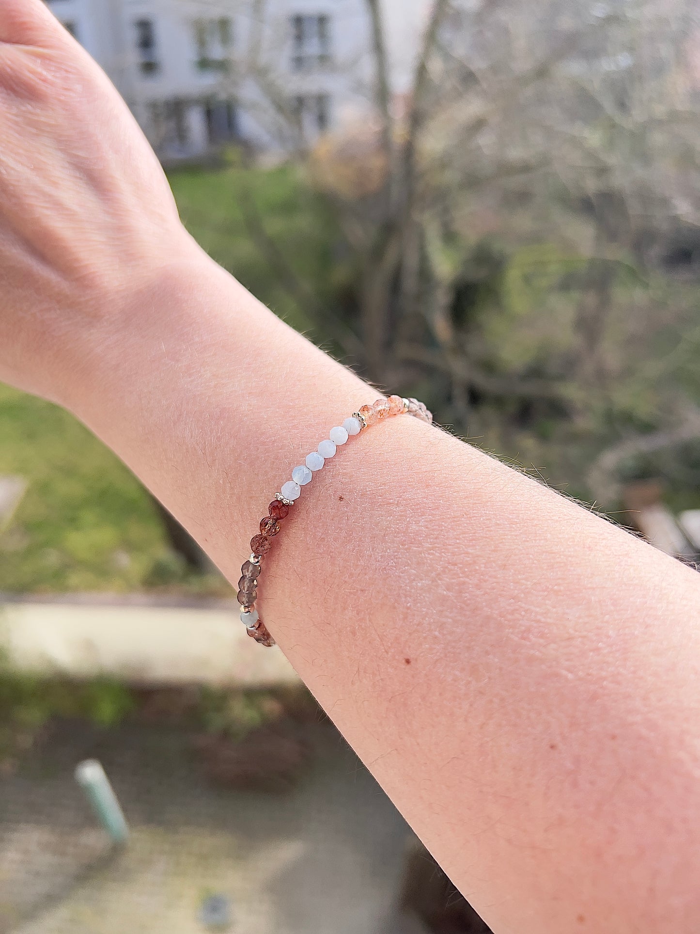 Facettiertes Edelstein Armband 4mm – Aquamarin, Rauchquarz & Feuerquarz mit 925 Silber