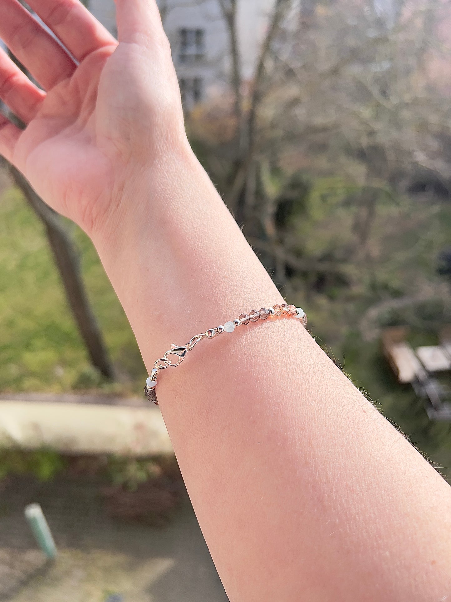Facettiertes Edelstein Armband 4mm – Aquamarin, Rauchquarz & Feuerquarz mit 925 Silber