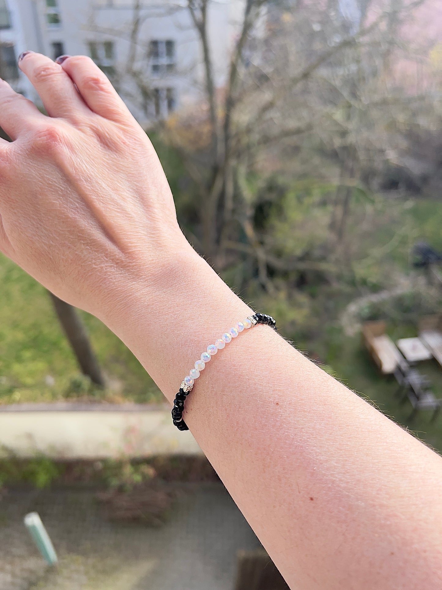 Facettiertes Edelstein Armband 4mm – Schwarzer Achat & Opalit mit 925 Silber Kleeblatt