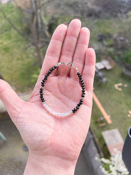 Facettiertes Edelstein Armband 4mm – Schwarzer Achat & Opalit mit 925 Silber Kleeblatt