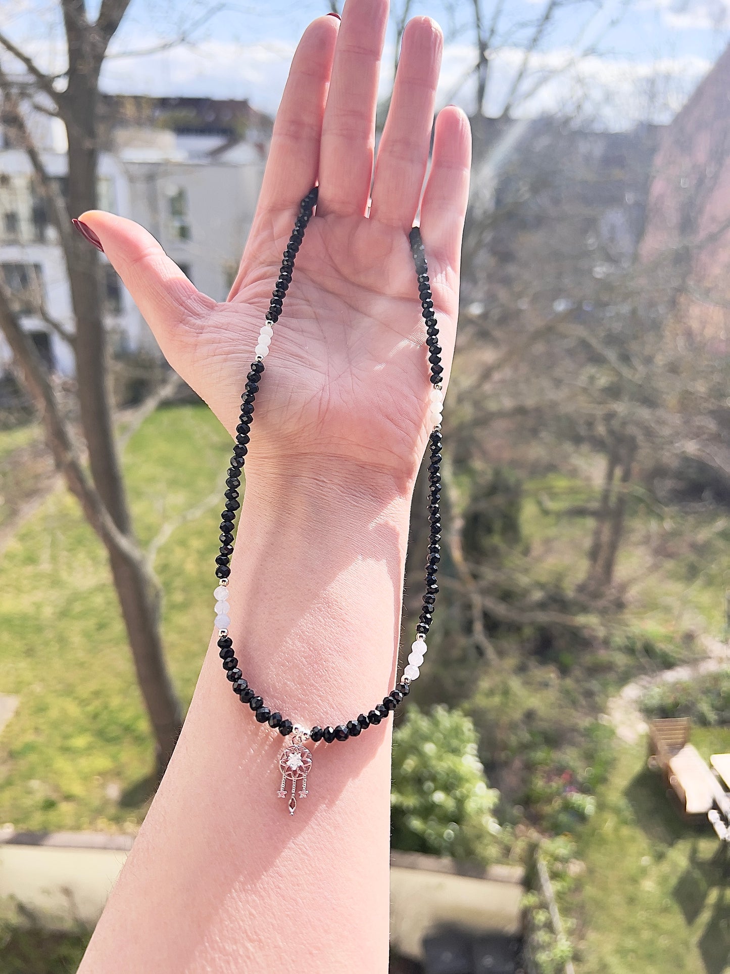 Edelstein Kette 47 cm – Achat, Aquamarin & Mondstein mit Dreamcatcher Anhänger