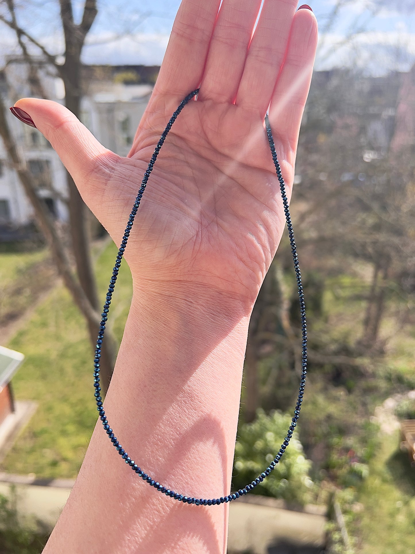Kette 48 cm – Blauer österreichischer Kristall facettiert 2 mm mit 925 Silber