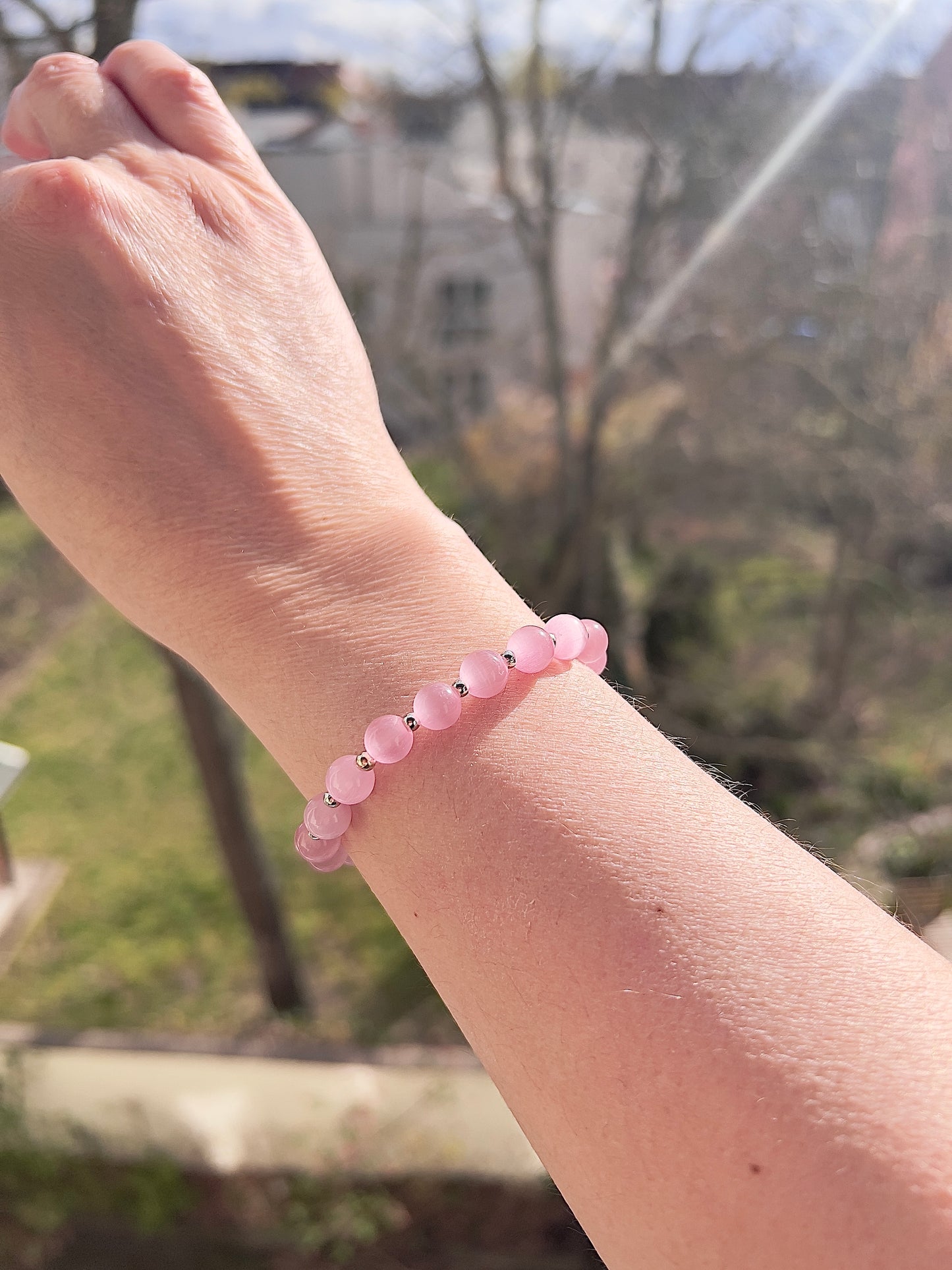 Katzenauge Armband rosa 8 mm – glänzend mit 925 Silber
