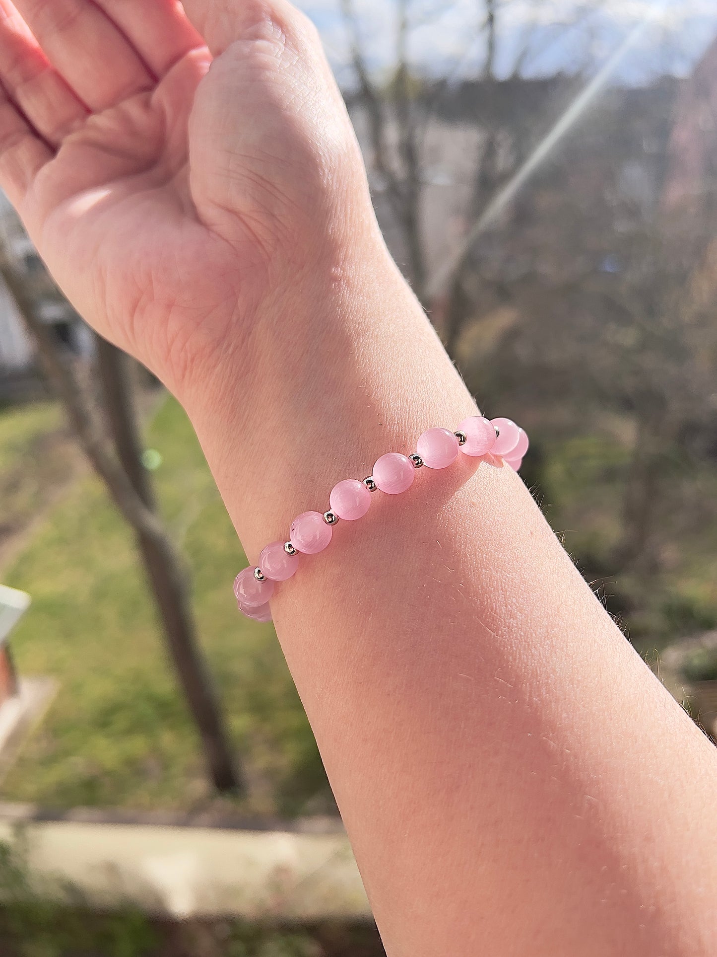 Katzenauge Armband rosa 8 mm – glänzend mit 925 Silber