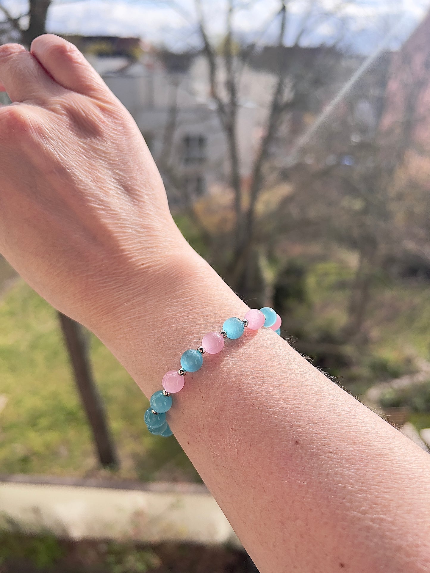 Katzenauge Armband blau & rosa 8 mm – glänzend mit 925 Silber