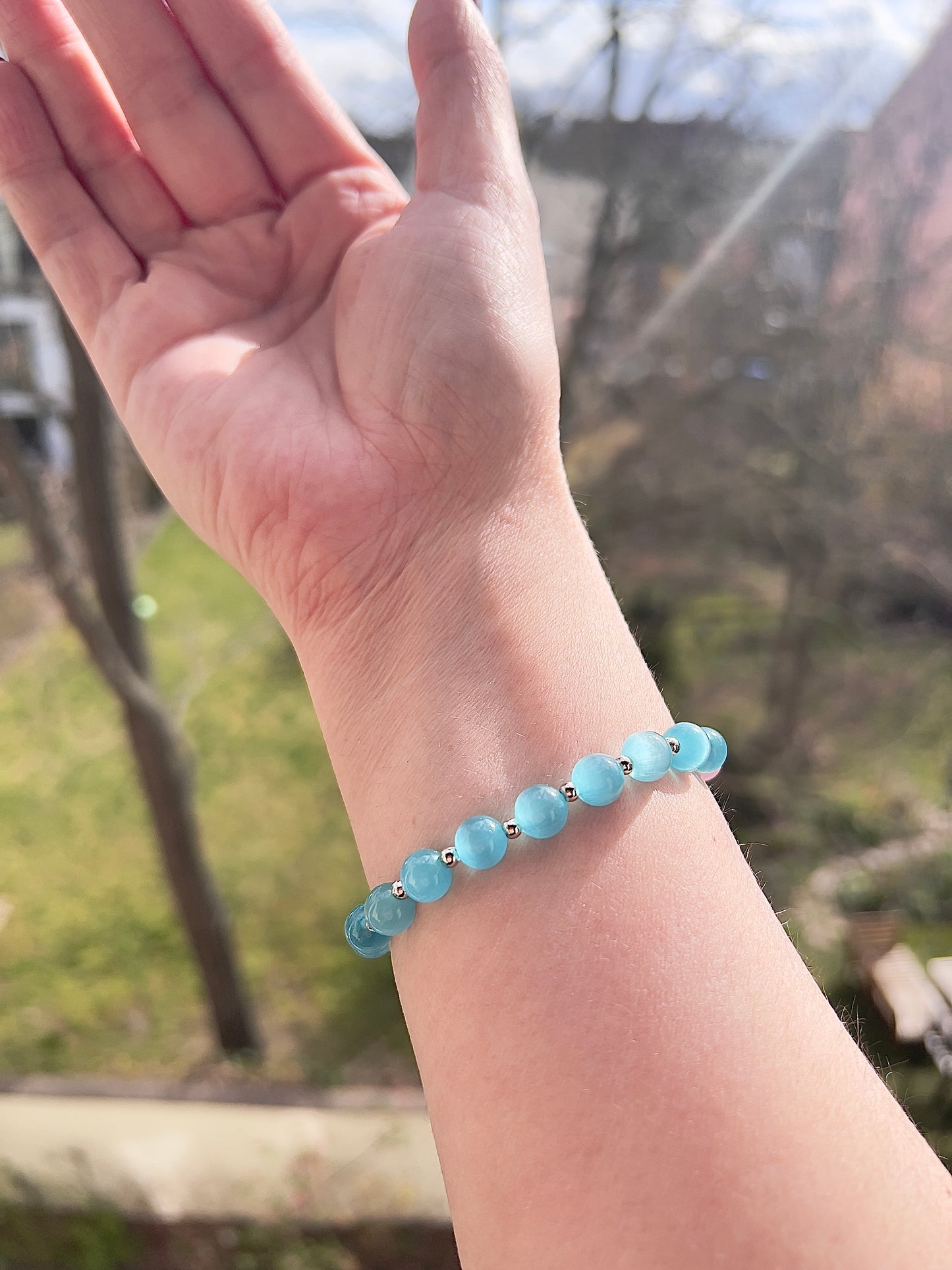Katzenauge Armband blau & rosa 8 mm – glänzend mit 925 Silber