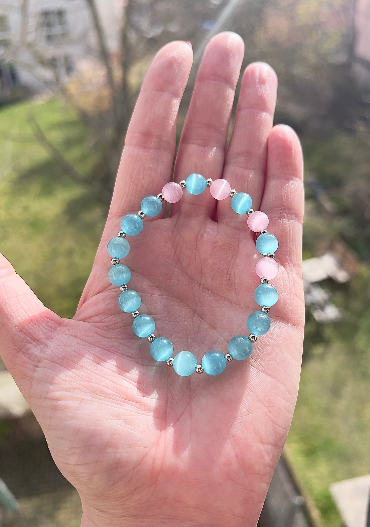 Katzenauge Armband blau & rosa 8 mm – glänzend mit 925 Silber