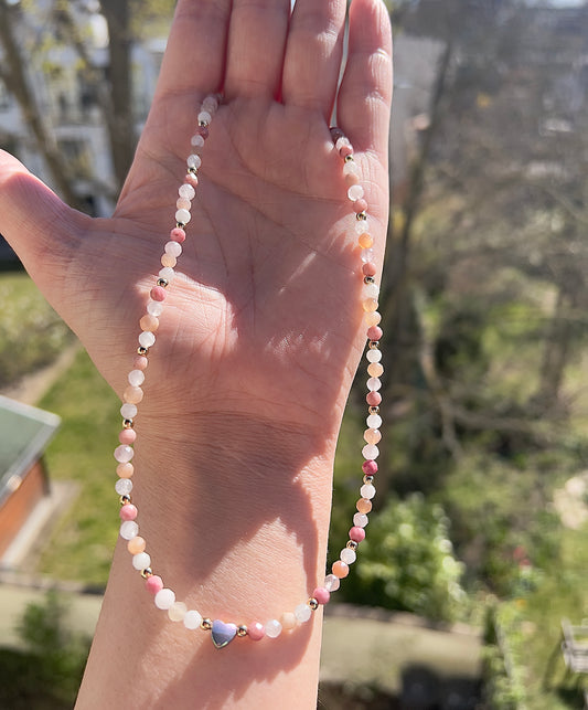 Edelstein Kette Rhodonit, Rosenquarz & Mondstein 4 mm – mit Hämatit Herz