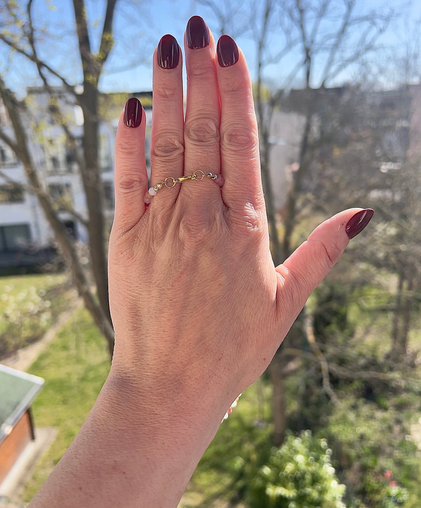 Edelstein Kette Rhodonit, Rosenquarz & Mondstein 4 mm – mit Hämatit Herz