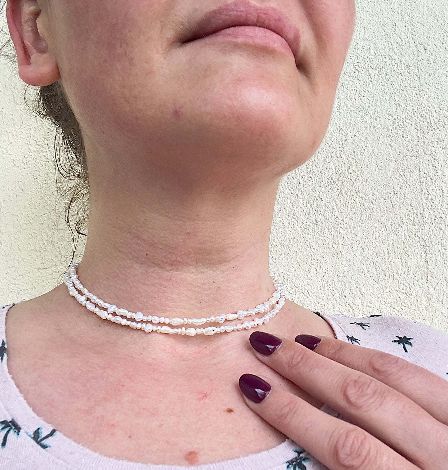 Doppelte Süßwasserperlen-Kette – 2–4 mm | filigrane Layering-Kette mit Edelstahl vergoldeter Verlängerung