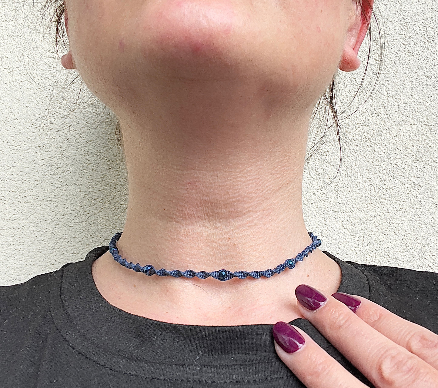 Handgeknüpfte Makramee-Kette Blau – Verstellbare Choker-Kette mit facettierten Kristallperlen