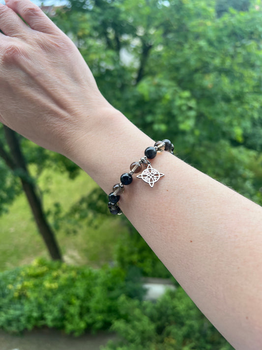Schutz -Armband mit Hexenknoten - Schwarzer Turmalin, Rauchquarz & Edelstahl Silber ( 8mm )