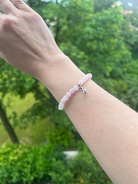 Sternzeichen Armband Fische - Rosenquarz & Edelstahl Charm Silber ( 6mm)