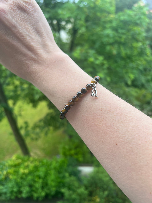 Sternzeichen Armband Löwe - Tigerauge & Edelstahl Charm Silber ( 6mm )