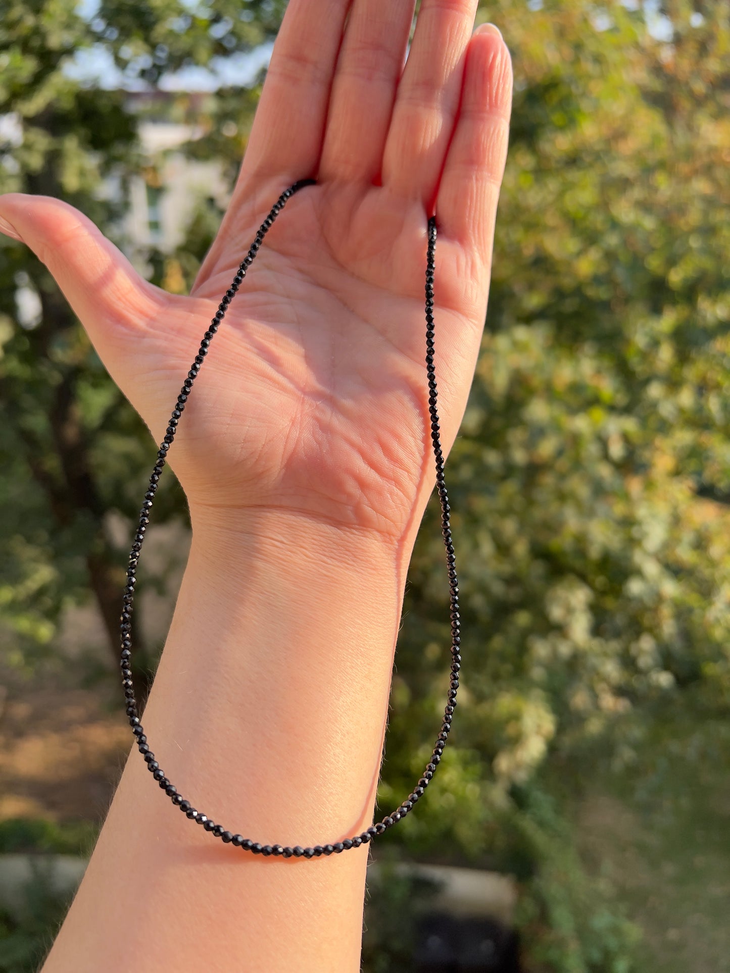 Edelstein Kette 45 cm – Schwarzer Achat facettiert 2 mm mit 925 Silber