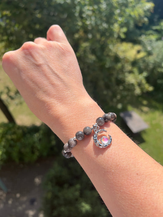 Obsidian - Armband 8mm AAA mit silberenem Flash, 925 Silber & Mondsichel - Angänger mit Mondstein