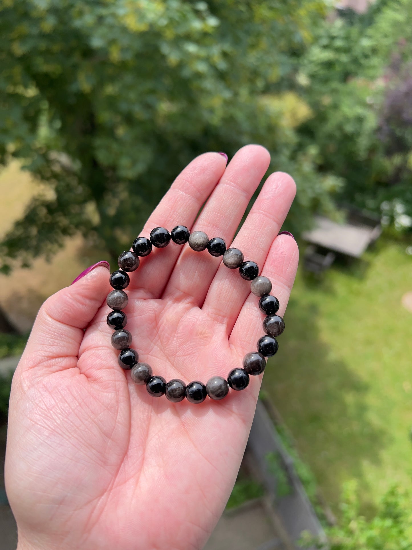 Armband „Innere Stärke“ – Schwarzer Turmalin &  Silberflash-Obsidian | 8 mm Edelsteinarmband