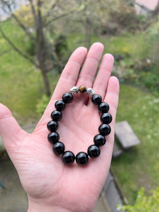 Statement Armband Turmalin & Tigerauge 12 mm / 8 mm – mit Buddha-Elementen, elastisch