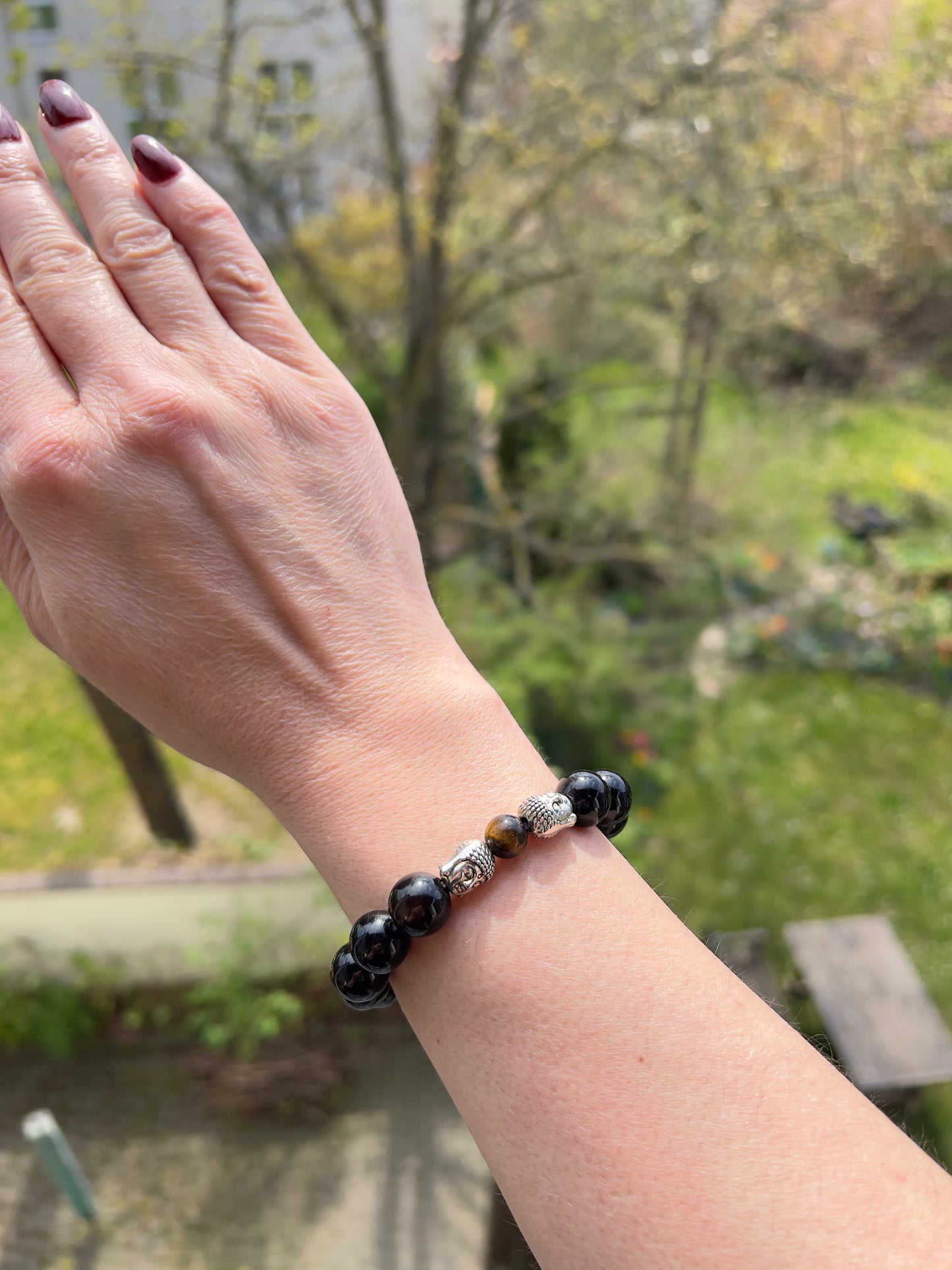 Statement Armband Turmalin & Tigerauge 12 mm / 8 mm – mit Buddha-Elementen, elastisch