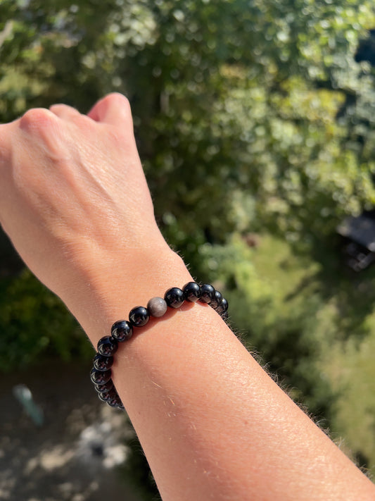 Schwarzer Turmalin Armband – 8 mm – mit Obsidian-Kugel & silbernem Flash – Schutz & Erdung