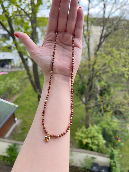 Facettierte Golden Healer Kette 4 mm mit Herzanhänger (synthetisch) | Edelstahl vergoldet | 47 + 9 cm
