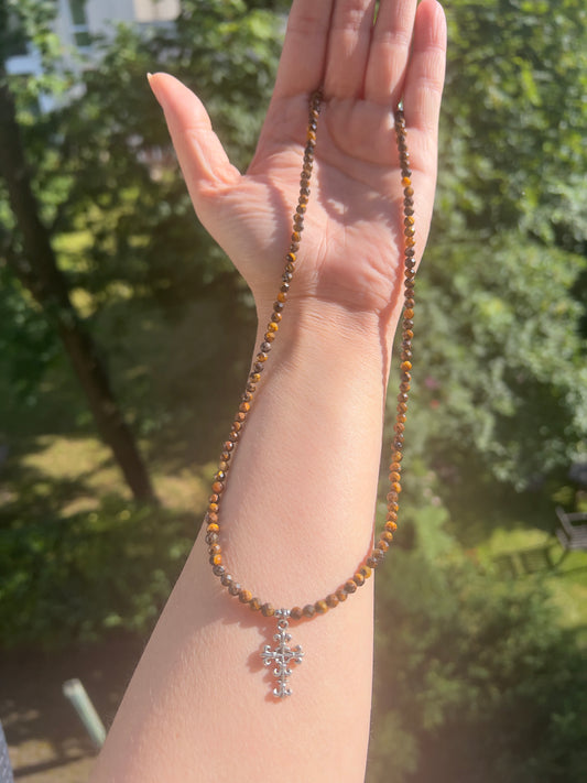 Klarer Fokus & Schutz - Tigerauge - Kette mit antikem Silberkreuz ( 4mm )