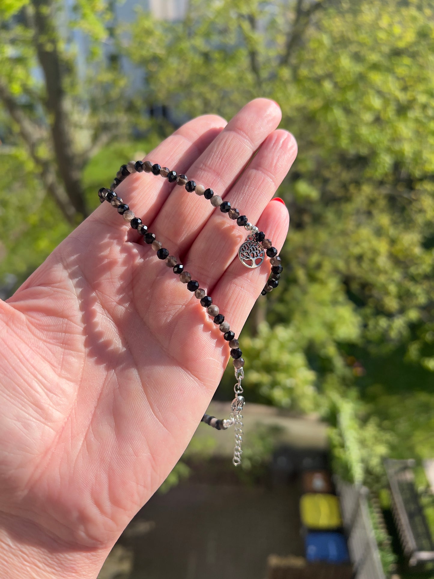 Kette „Stärke & Balance“ – Obsidian Silberflash & schwarzer Turmalin 4 mm facettiert mit Lebensbaum | ca. 48 cm Edelstahl