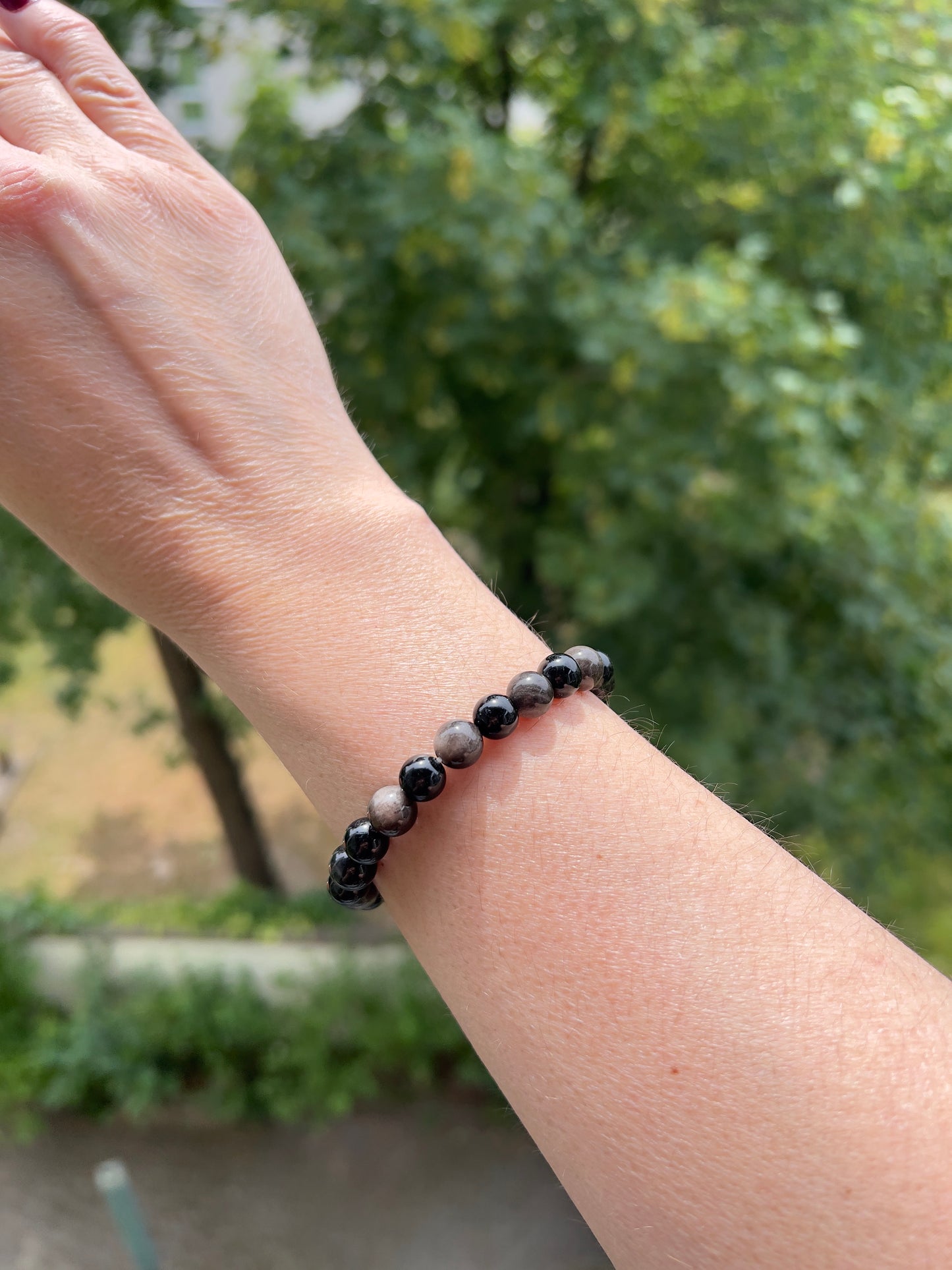 Armband „Innere Stärke“ – Schwarzer Turmalin &  Silberflash-Obsidian | 8 mm Edelsteinarmband