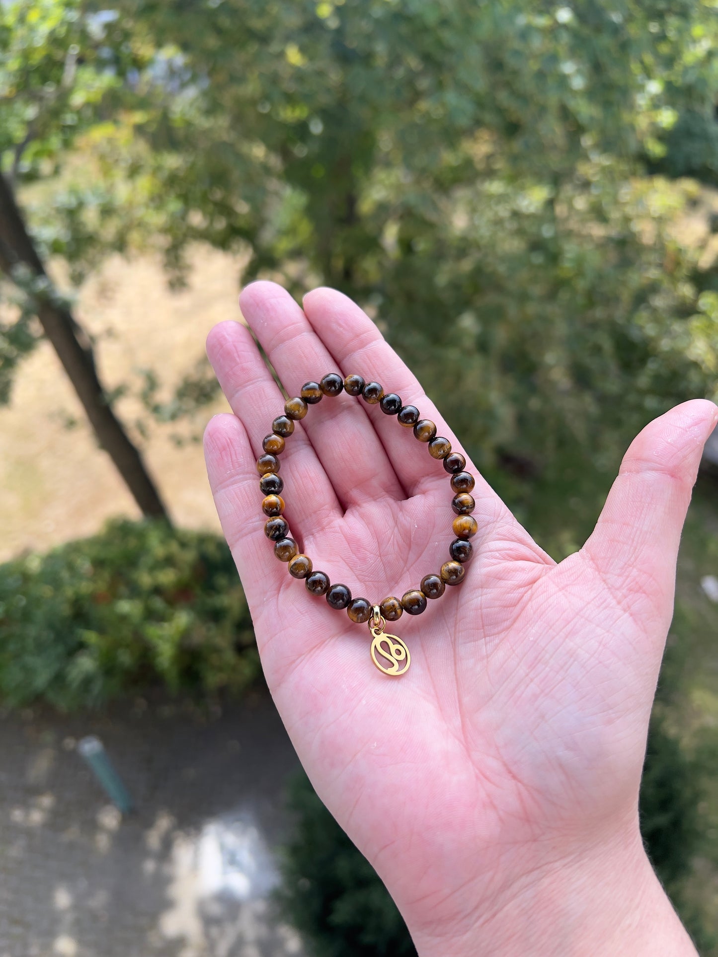 Sternzeichenarmband Löwe – Tigerauge 6 mm mit Charme (Silber oder Gold wählbar)