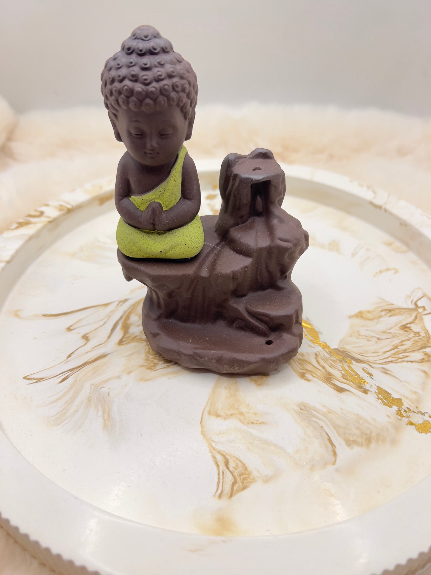 Rückfluss-Räucherkegelhalter Buddha – grün verziert | Räucherbrunnen mit Rückfluss & Stäbchenhalter