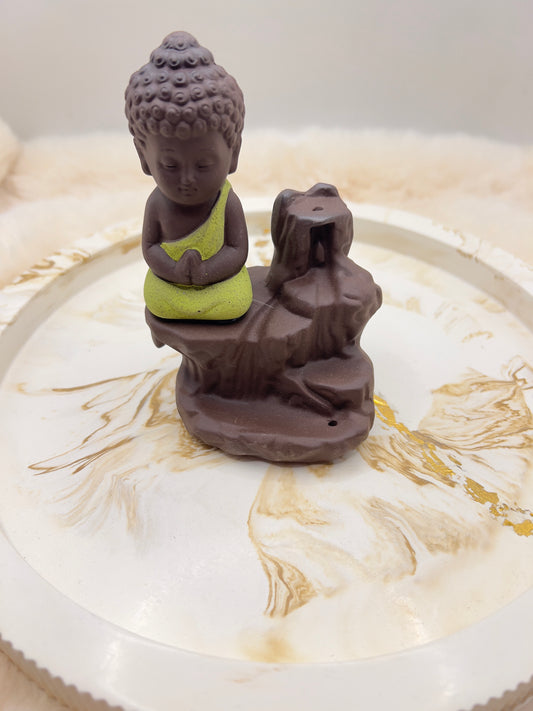 Rückfluss-Räucherkegelhalter Buddha – grün verziert | Räucherbrunnen mit Rückfluss & Stäbchenhalter