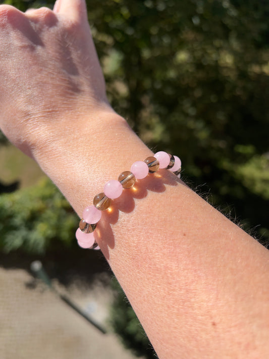 Armband – Rosenquarz & Rauchquarz 8 mm (Yin-Yang der Liebe, handgefertigt, elastisch)